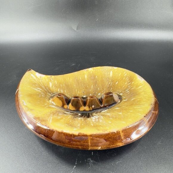 Vintage Mid Century Ceramic RedWare Pottery Ashtray Dish Brown Yellow Drip Glaze - Picture 13 of 13